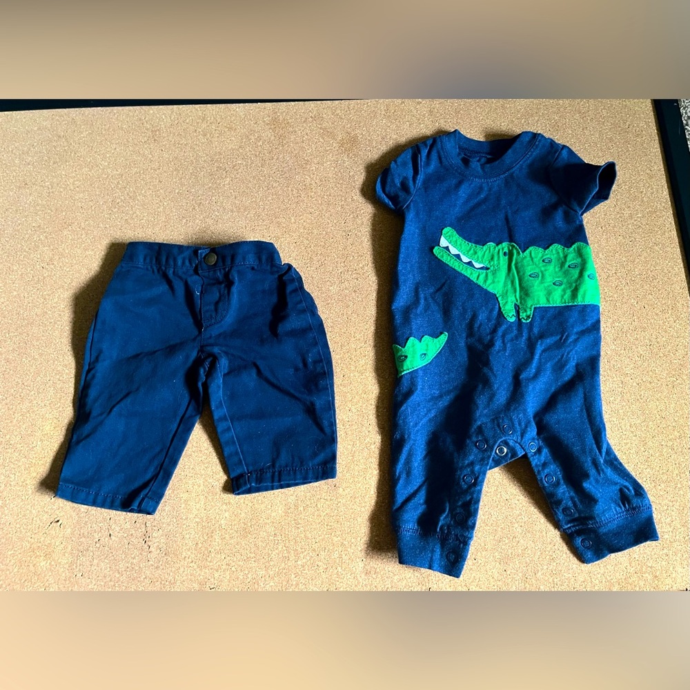 Blue Baby Onesie With Green Alligator Design And Blue Bottoms Set